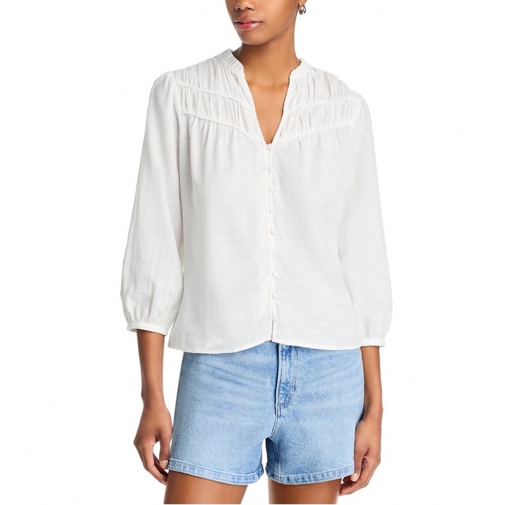 PAIGE Arlette Blouse White Cotton Rayon 3/4 Sleeve V-Neck Ruffle Top XS NEW